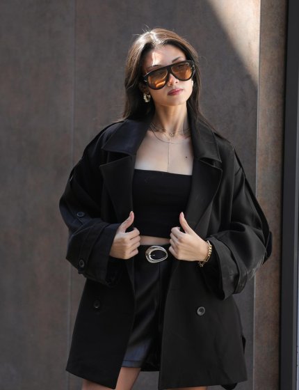 Siyah Kuşaklı Trençkot Premium seri