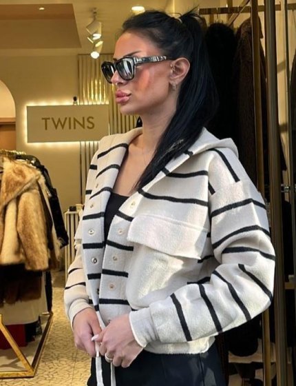 Taş siyah çizgili angora yumuşak doku kapüşonlu hırka