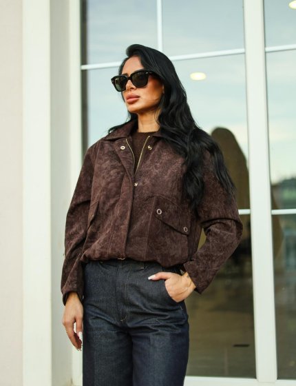 Kahverengi süet bomber ceket