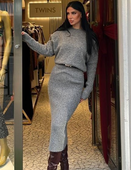 Gri Bisiklet Yaka Yumuşak Dokulu Triko Elbise