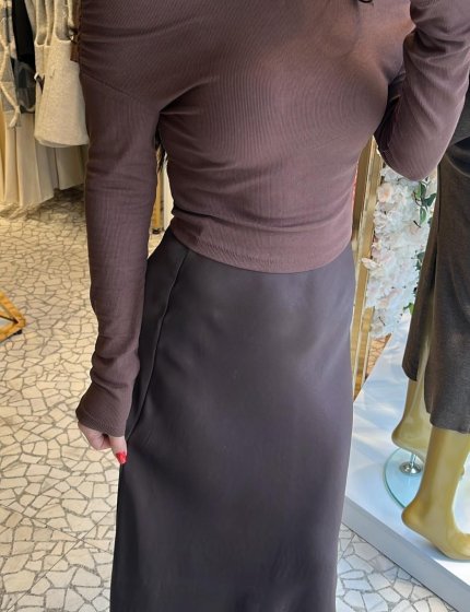Kahverengi saten midi etek