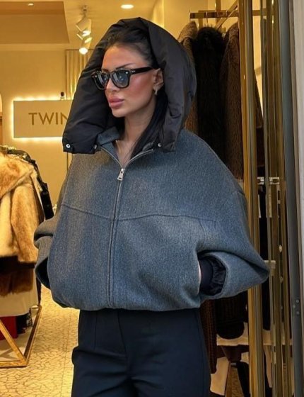 Gri Kapüşonlu Kaşe Bomber Mont