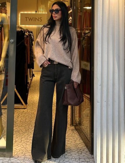 Kahve yüksek bel bol paça jeans