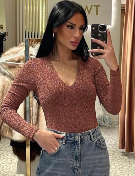 Rose Gold ışıltılı V yaka uzun kollu Bodysuit
